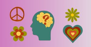 brain in silhouette with question mark. Heart, flowers, and peace sign representing the 60's.